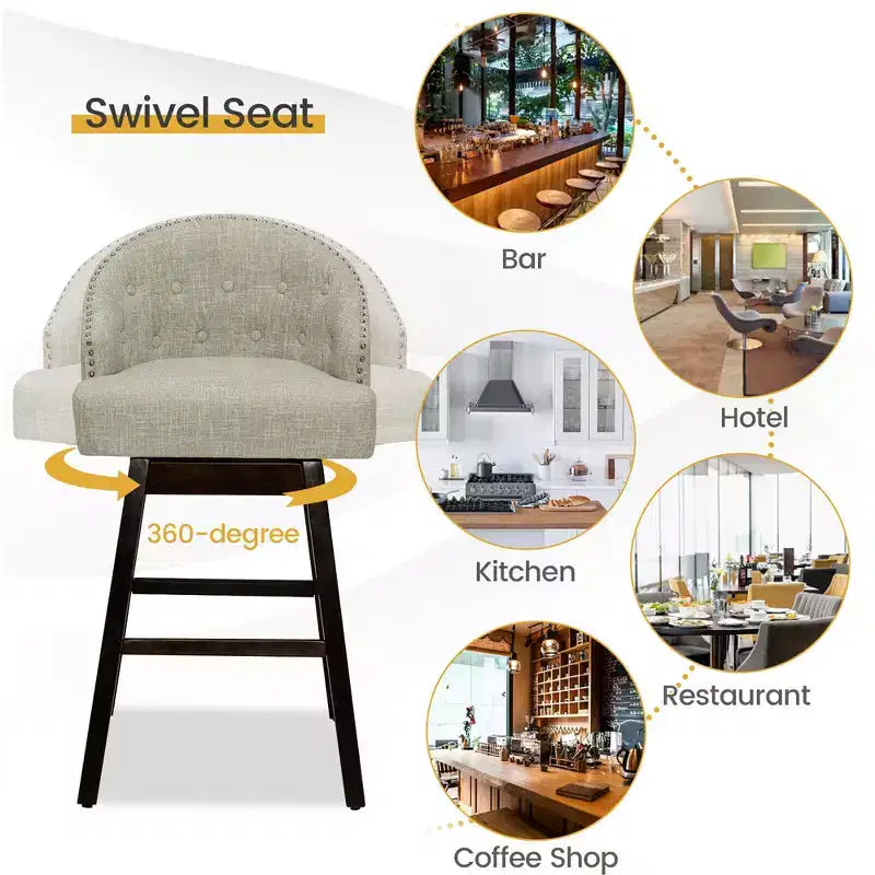 Lot de 2 tabourets de bar pivotants capitonnés avec pieds en bois d'hévéa