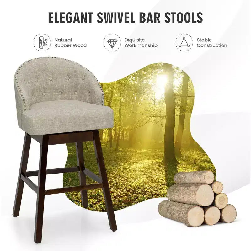 Lot de 2 tabourets de bar pivotants capitonnés avec pieds en bois d'hévéa