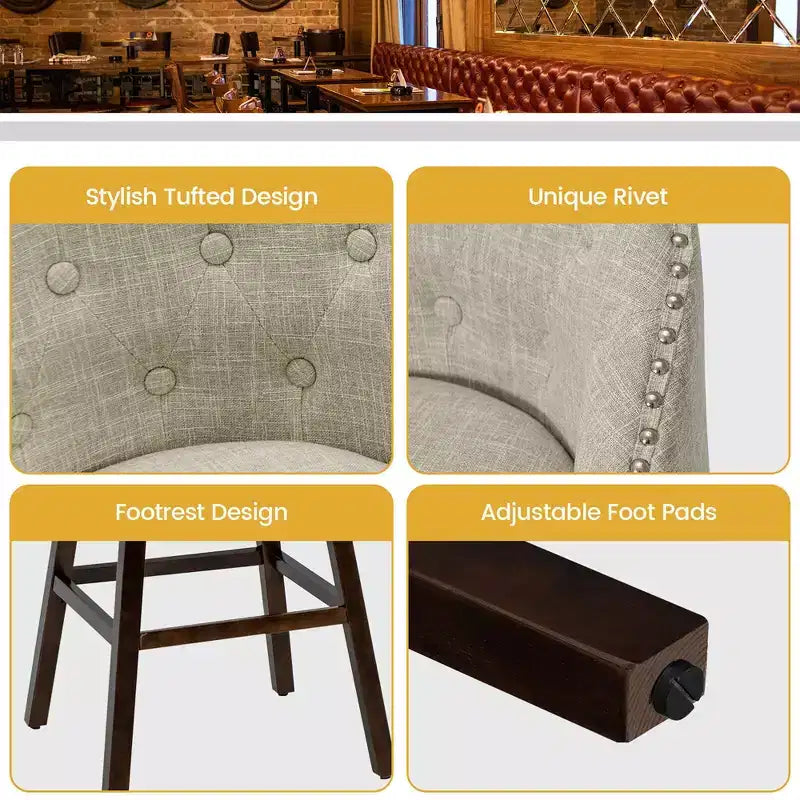 Lot de 2 tabourets de bar pivotants capitonnés avec pieds en bois d'hévéa