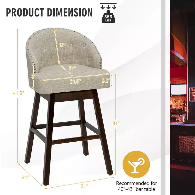 Lot de 2 tabourets de bar pivotants capitonnés avec pieds en bois d'hévéa