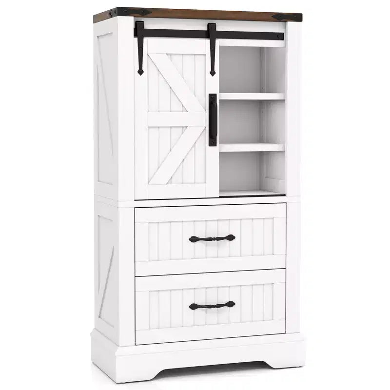 Costway Farmhouse Bathroom Floor Cabinet w/Sliding Door Adjustable Shelves & 2 Drawers