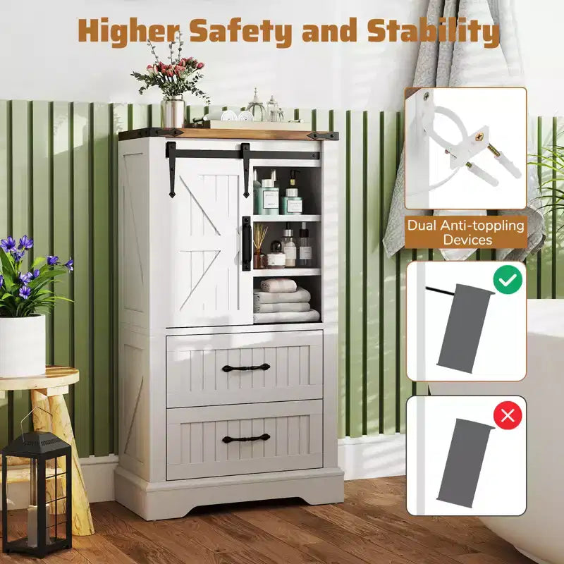 Meuble bas de salle de bain de style campagnard avec porte coulissante, étagères réglables et 2 tiroirs