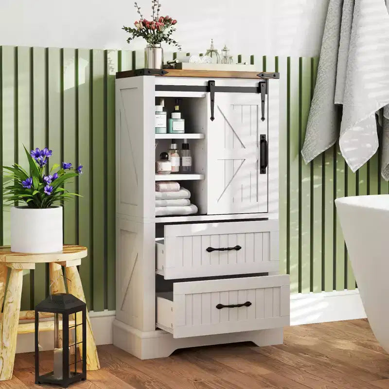 Meuble bas de salle de bain de style campagnard avec porte coulissante, étagères réglables et 2 tiroirs