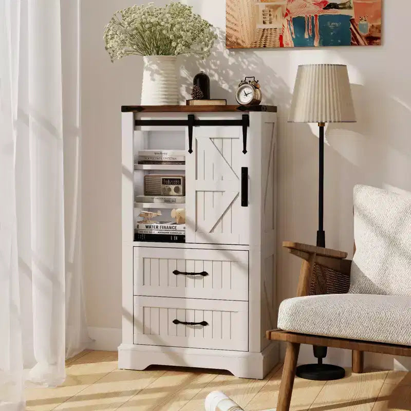 Meuble bas de salle de bain de style campagnard avec porte coulissante, étagères réglables et 2 tiroirs