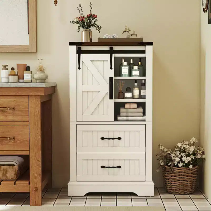 Meuble bas de salle de bain de style campagnard avec porte coulissante, étagères réglables et 2 tiroirs