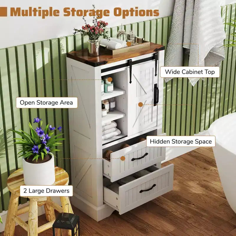 Meuble bas de salle de bain de style campagnard avec porte coulissante, étagères réglables et 2 tiroirs