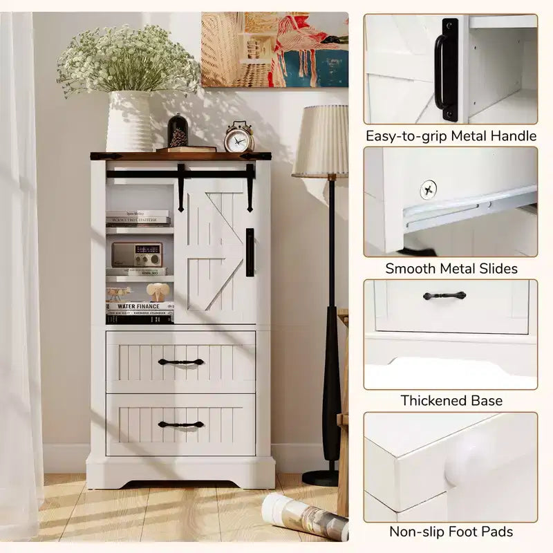 Meuble bas de salle de bain de style campagnard avec porte coulissante, étagères réglables et 2 tiroirs