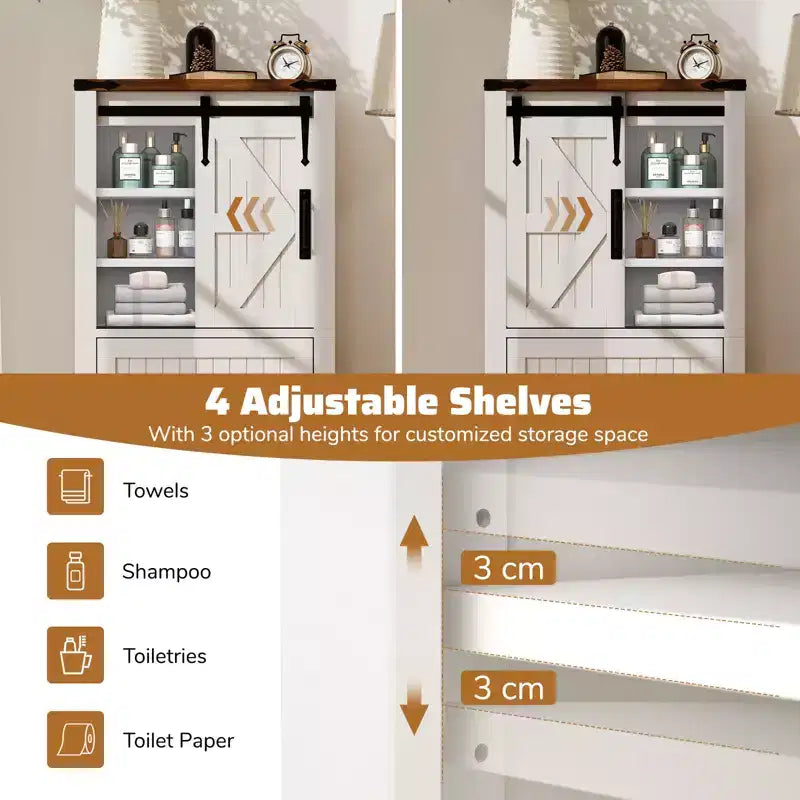Meuble bas de salle de bain de style campagnard avec porte coulissante, étagères réglables et 2 tiroirs