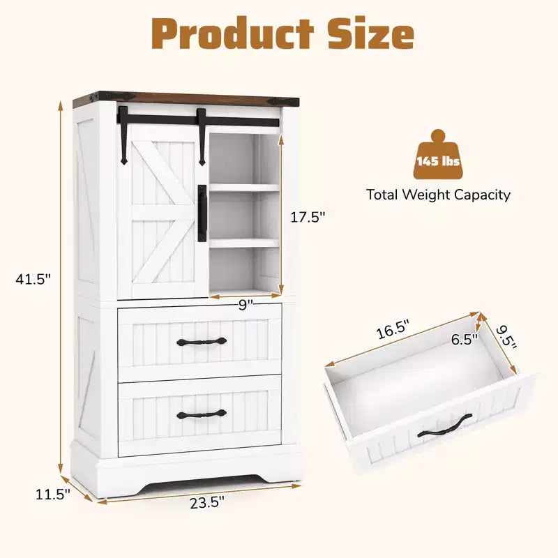 Meuble bas de salle de bain de style campagnard avec porte coulissante, étagères réglables et 2 tiroirs