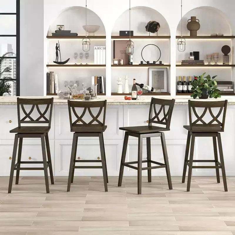 Ensemble de 4 tabourets de bar de 74 cm avec cadre en bois d'hévéa, assise pivotante et dossier ergonomique