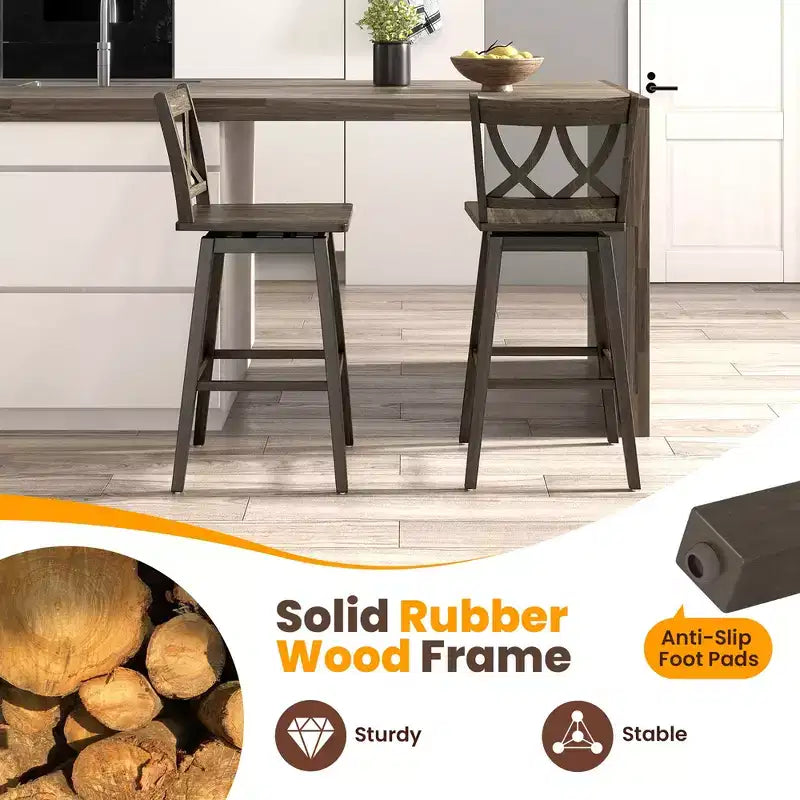 Ensemble de 4 tabourets de bar de 74 cm avec cadre en bois d'hévéa, assise pivotante et dossier ergonomique