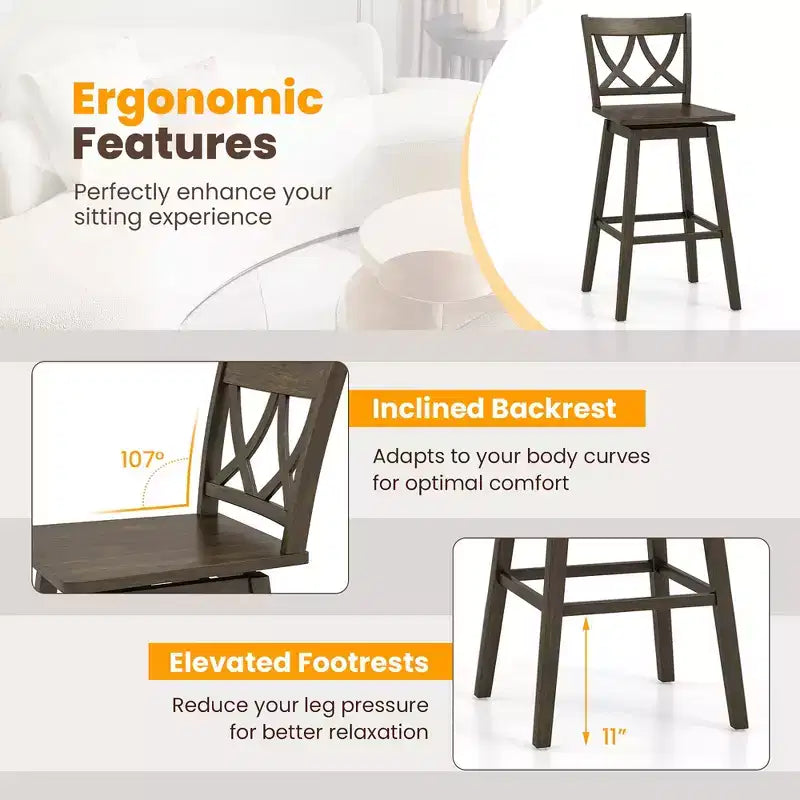 Ensemble de 4 tabourets de bar de 74 cm avec cadre en bois d'hévéa, assise pivotante et dossier ergonomique