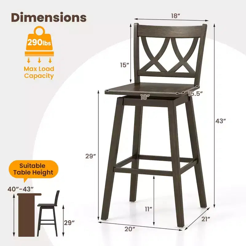 Ensemble de 4 tabourets de bar de 74 cm avec cadre en bois d'hévéa, assise pivotante et dossier ergonomique