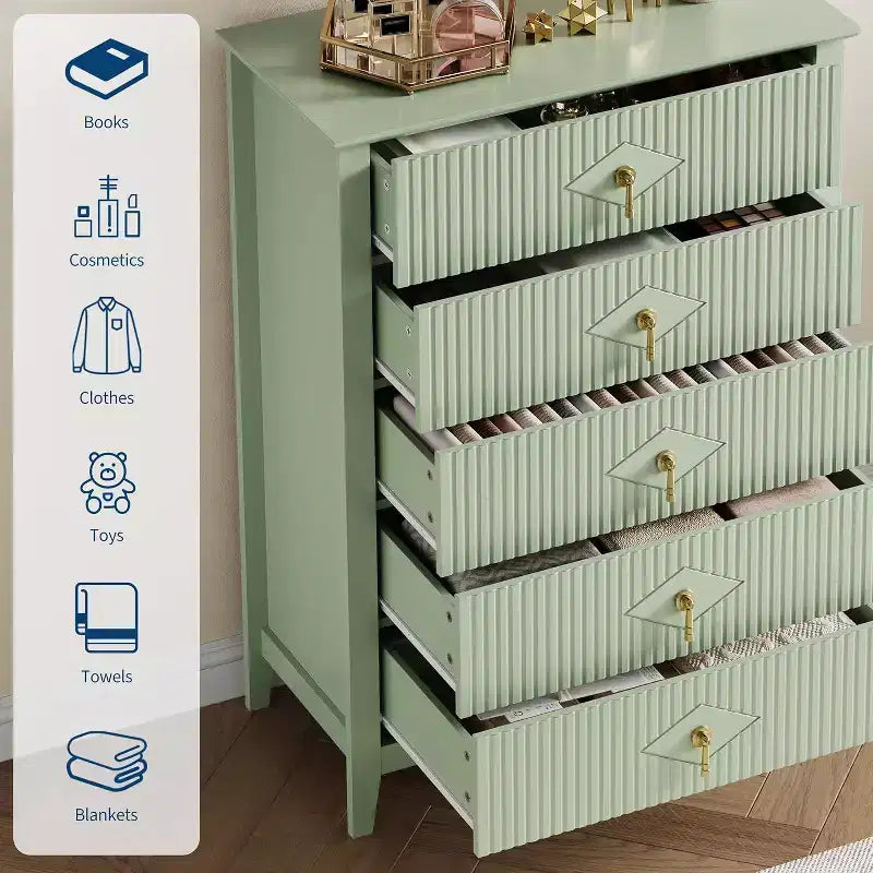 Commode cannelée à 5 tiroirs de 80 cm, commode de rangement moderne avec tiroirs profonds et kit anti-basculement