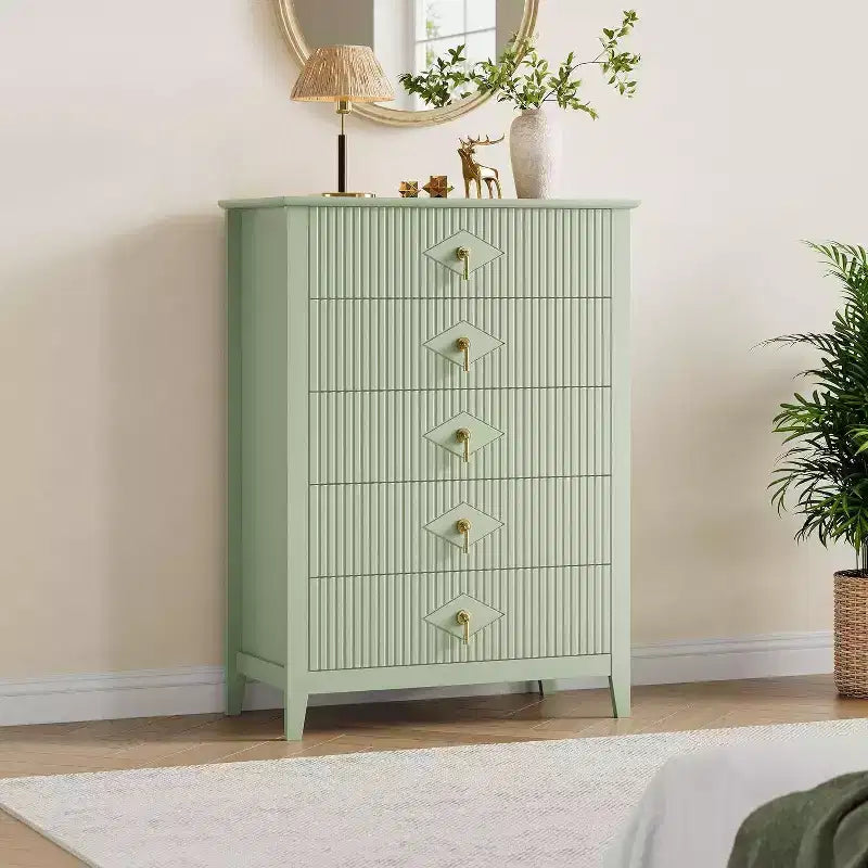 Commode cannelée à 5 tiroirs de 80 cm, commode de rangement moderne avec tiroirs profonds et kit anti-basculement