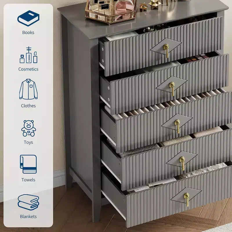 Commode cannelée à 5 tiroirs de 80 cm, commode de rangement moderne avec tiroirs profonds et kit anti-basculement