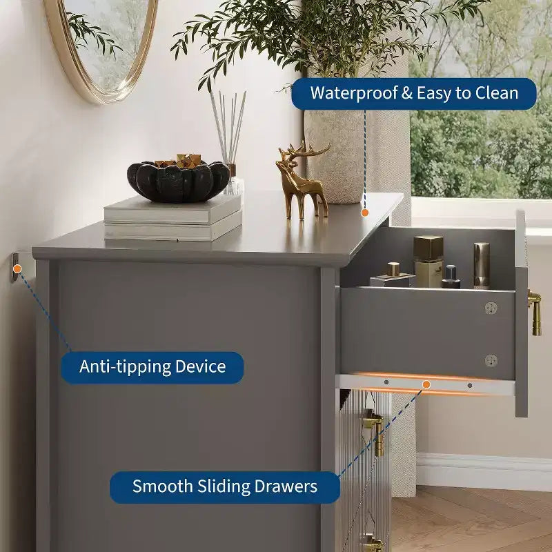 Commode cannelée à 5 tiroirs de 80 cm, commode de rangement moderne avec tiroirs profonds et kit anti-basculement