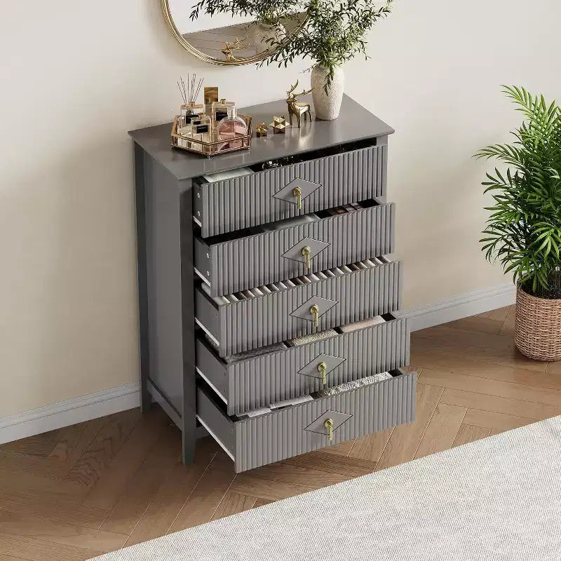 Commode cannelée à 5 tiroirs de 80 cm, commode de rangement moderne avec tiroirs profonds et kit anti-basculement