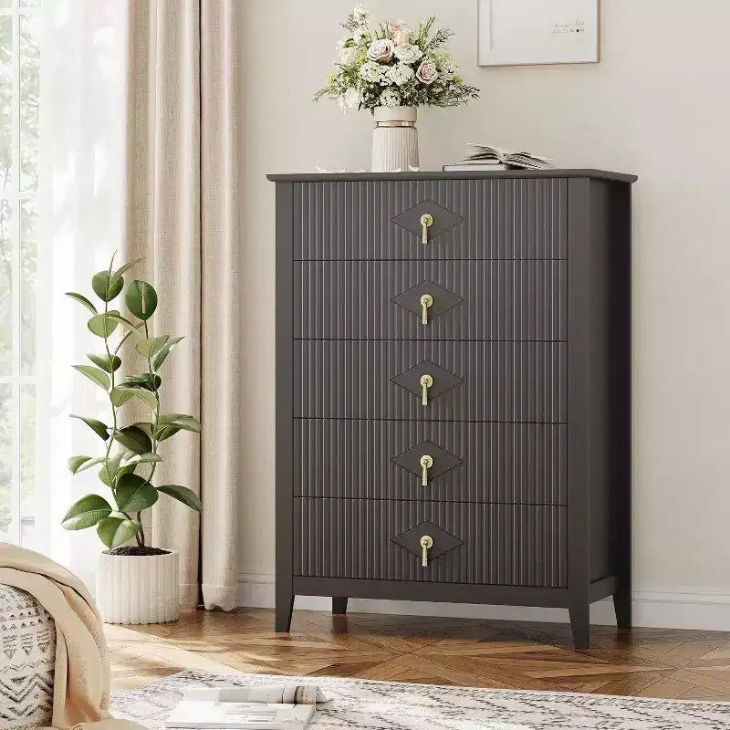 Commode cannelée à 5 tiroirs de 80 cm, commode de rangement moderne avec tiroirs profonds et kit anti-basculement