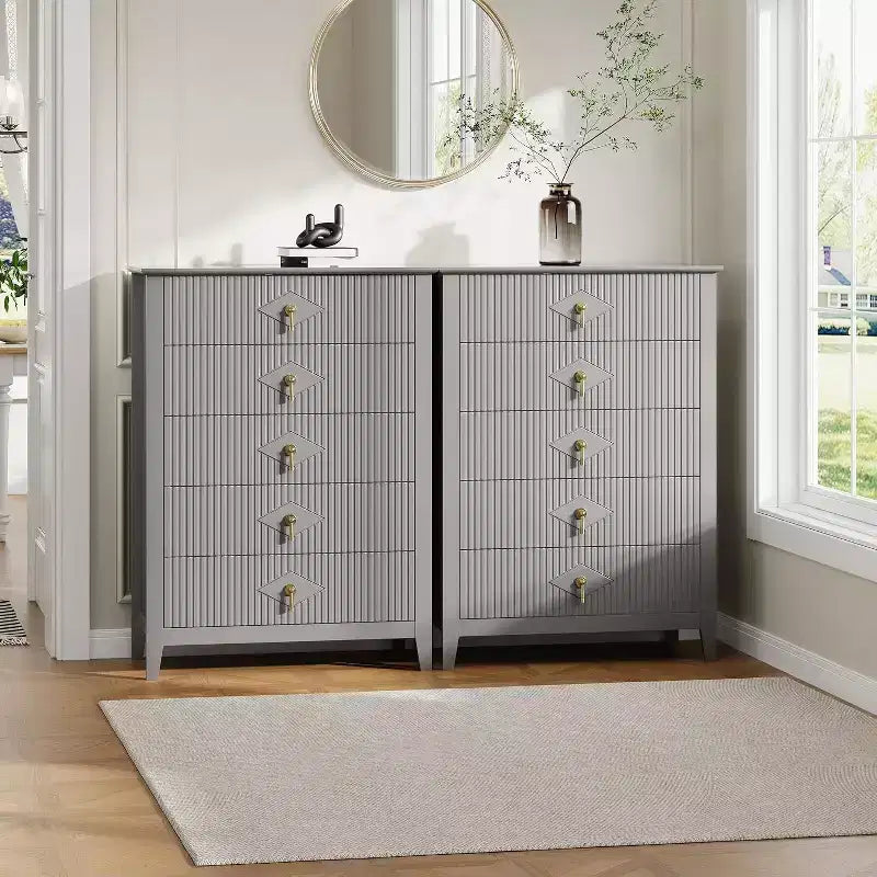 Commode cannelée à 5 tiroirs de 80 cm, commode de rangement moderne avec tiroirs profonds et kit anti-basculement