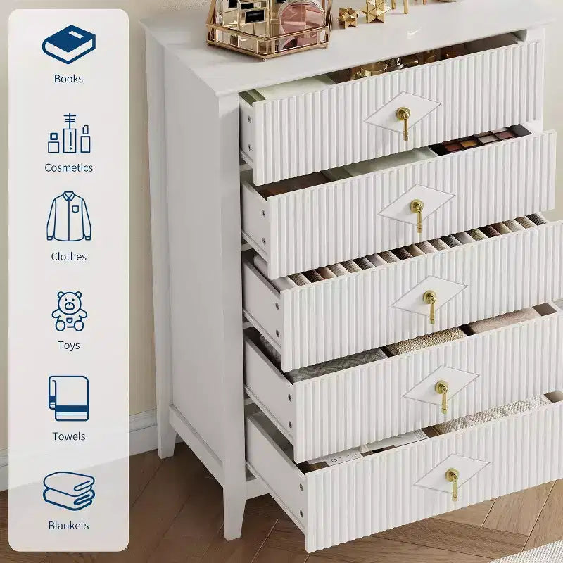 Commode cannelée à 5 tiroirs de 80 cm, commode de rangement moderne avec tiroirs profonds et kit anti-basculement