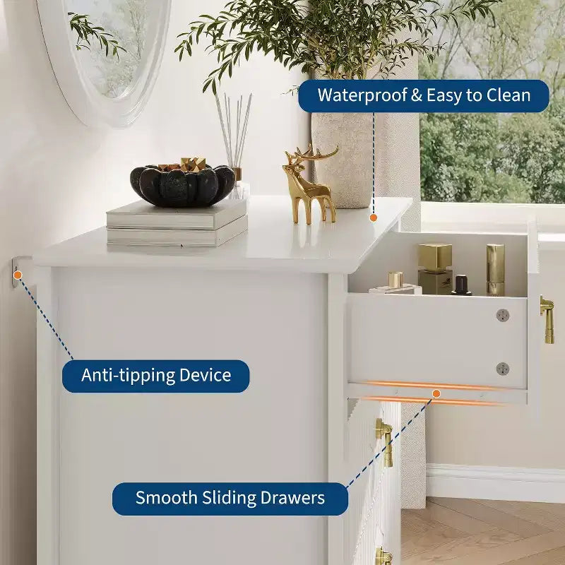 Commode cannelée à 5 tiroirs de 80 cm, commode de rangement moderne avec tiroirs profonds et kit anti-basculement