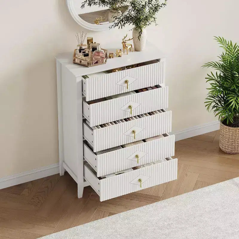 Commode cannelée à 5 tiroirs de 80 cm, commode de rangement moderne avec tiroirs profonds et kit anti-basculement