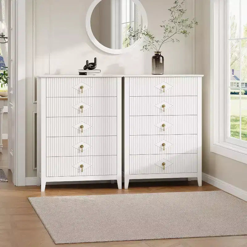 Commode cannelée à 5 tiroirs de 80 cm, commode de rangement moderne avec tiroirs profonds et kit anti-basculement