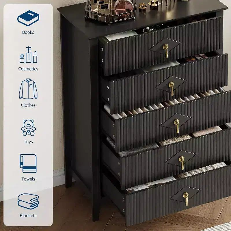 31.5 5-Drawer Fluted Dresser, Modern Organizer Chest with Deep Drawers and Anti-Tip Kit