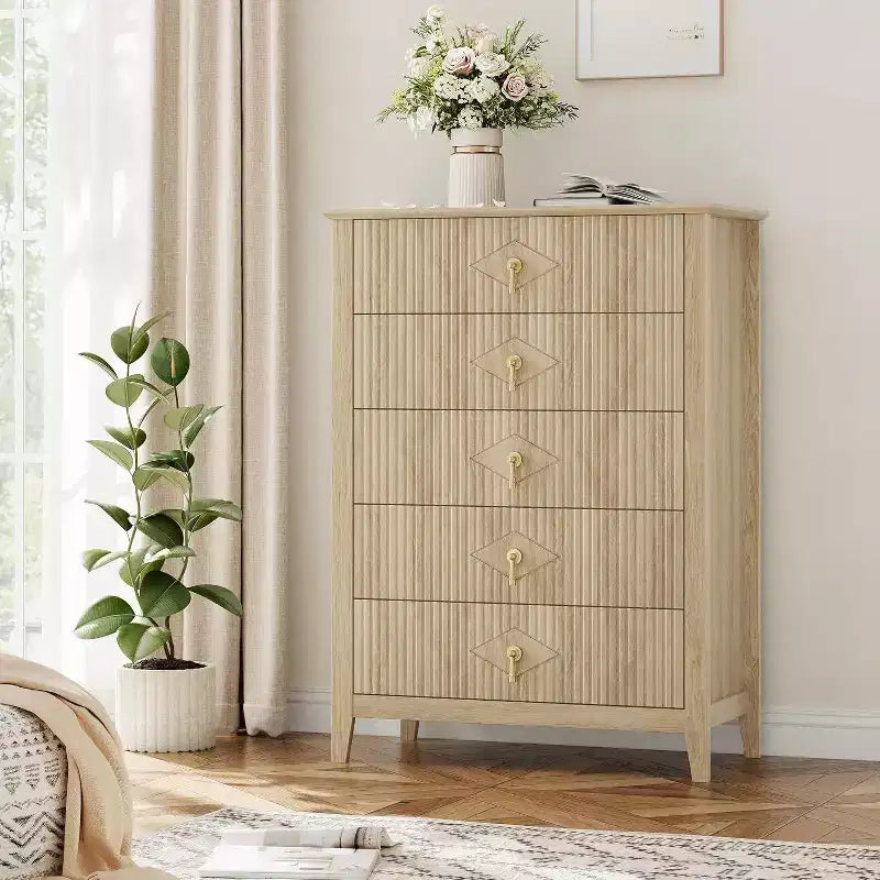 Commode cannelée à 5 tiroirs de 80 cm, commode de rangement moderne avec tiroirs profonds et kit anti-basculement