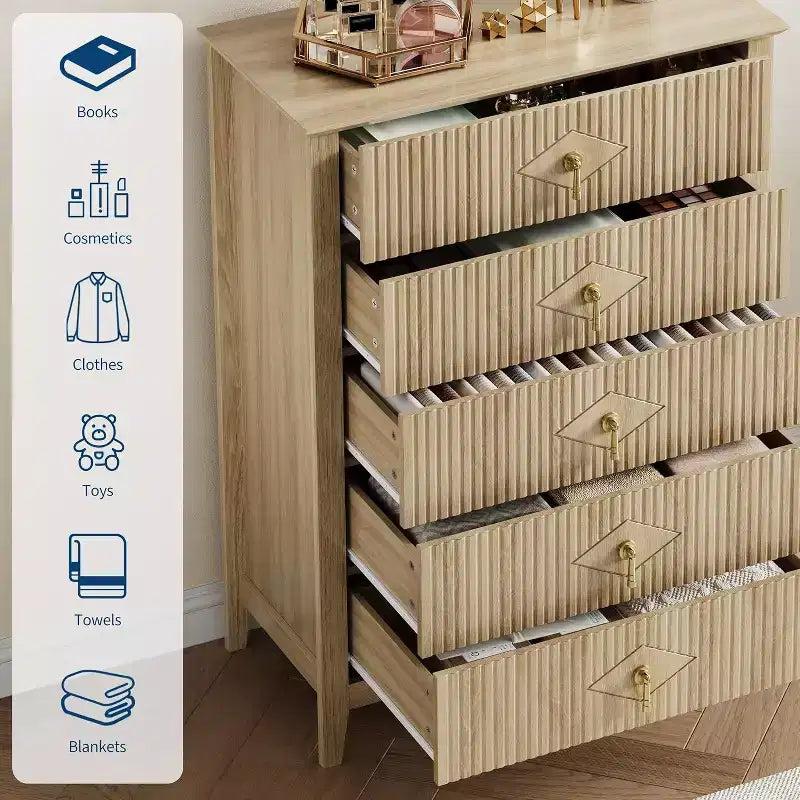 Commode cannelée à 5 tiroirs de 80 cm, commode de rangement moderne avec tiroirs profonds et kit anti-basculement