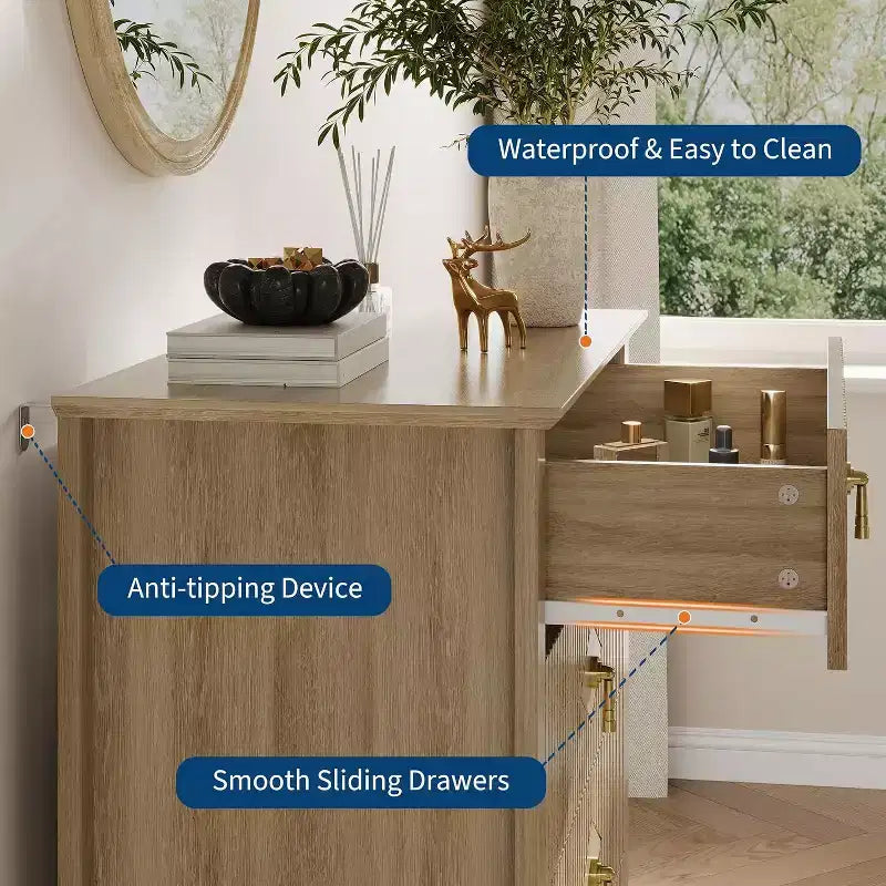 Commode cannelée à 5 tiroirs de 80 cm, commode de rangement moderne avec tiroirs profonds et kit anti-basculement
