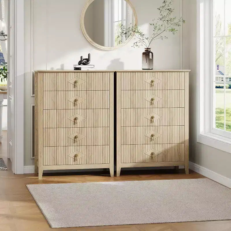 Commode cannelée à 5 tiroirs de 80 cm, commode de rangement moderne avec tiroirs profonds et kit anti-basculement