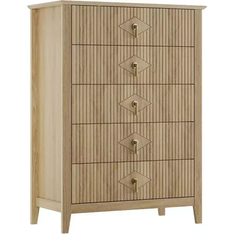 Commode cannelée à 5 tiroirs de 80 cm, commode de rangement moderne avec tiroirs profonds et kit anti-basculement