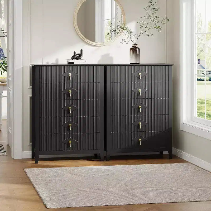 Commode cannelée à 5 tiroirs de 80 cm, commode de rangement moderne avec tiroirs profonds et kit anti-basculement