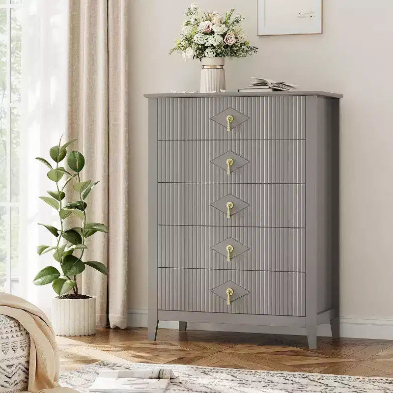 31.5 5-Drawer Fluted Dresser, Modern Organizer Chest with Deep Drawers and Anti-Tip Kit