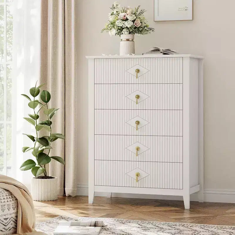 31.5 5-Drawer Fluted Dresser, Modern Organizer Chest with Deep Drawers and Anti-Tip Kit