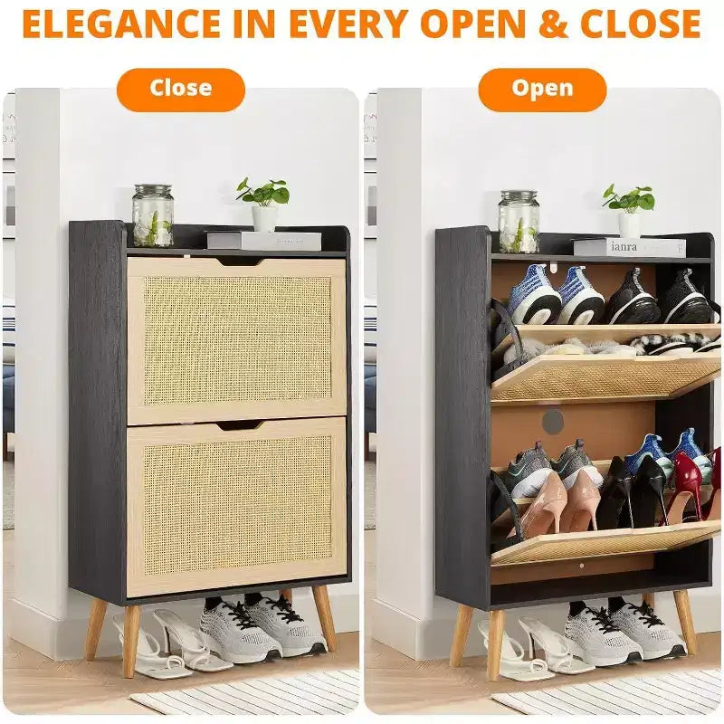 Meuble à chaussures - Rangement de chaussures caché avec 2 tiroirs à rabat en rotin et design anti-basculement, Meuble à chaussures