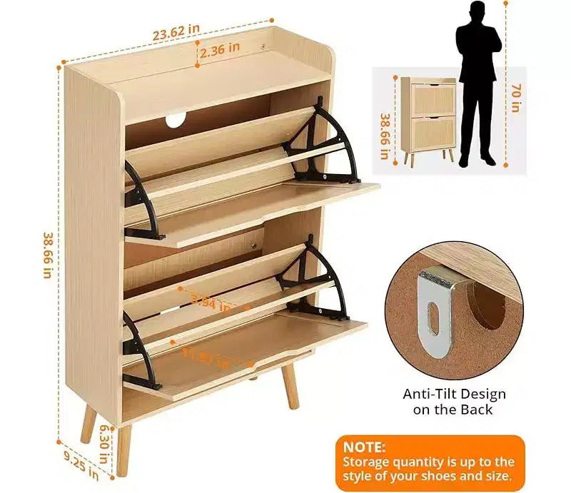 Meuble à chaussures - Rangement de chaussures caché avec 2 tiroirs à rabat en rotin et design anti-basculement, Meuble à chaussures