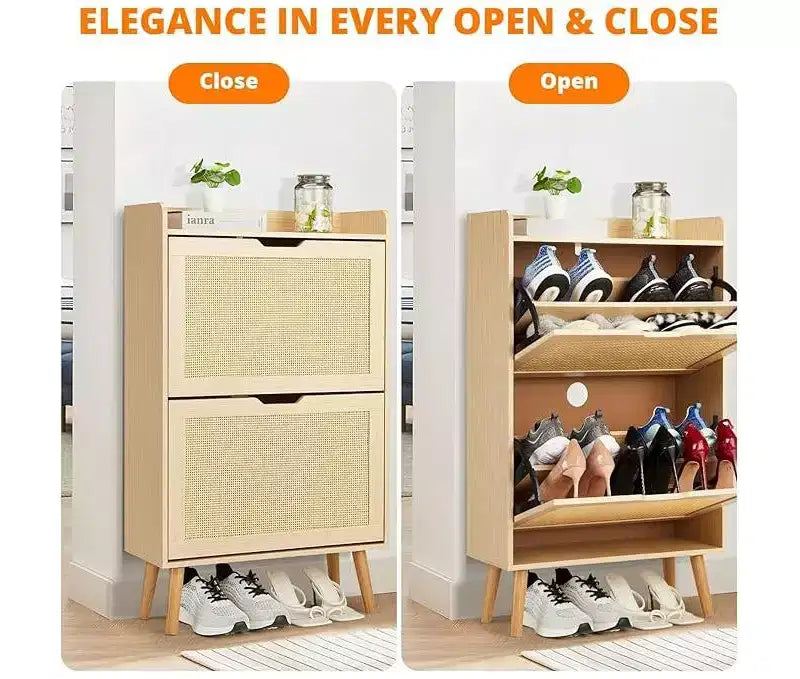 Meuble à chaussures - Rangement de chaussures caché avec 2 tiroirs à rabat en rotin et design anti-basculement, Meuble à chaussures
