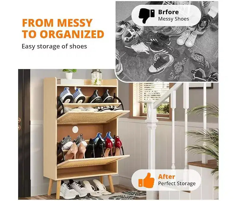 Meuble à chaussures - Rangement de chaussures caché avec 2 tiroirs à rabat en rotin et design anti-basculement, Meuble à chaussures