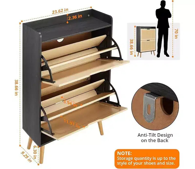 Meuble à chaussures - Rangement de chaussures caché avec 2 tiroirs à rabat en rotin et design anti-basculement, Meuble à chaussures