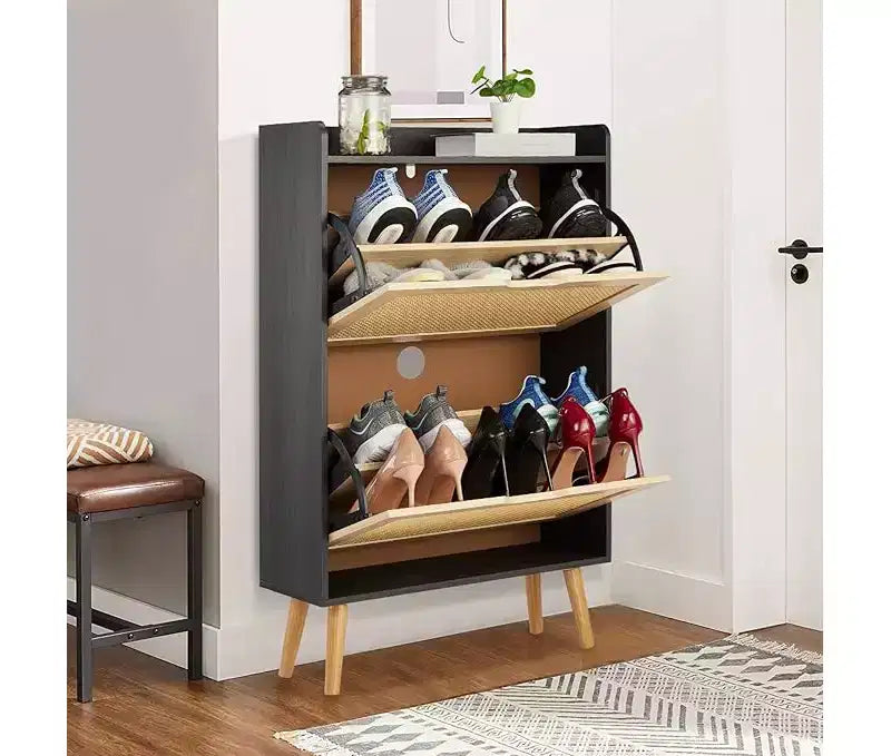 Meuble à chaussures - Rangement de chaussures caché avec 2 tiroirs à rabat en rotin et design anti-basculement, Meuble à chaussures