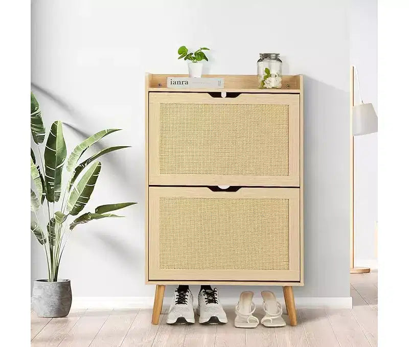 Shoe Cabinet - Hidden Shoe Storage with 2 Flip Rattan Flip-Drawer and Anti-Tip Design, Shoe Cabinet