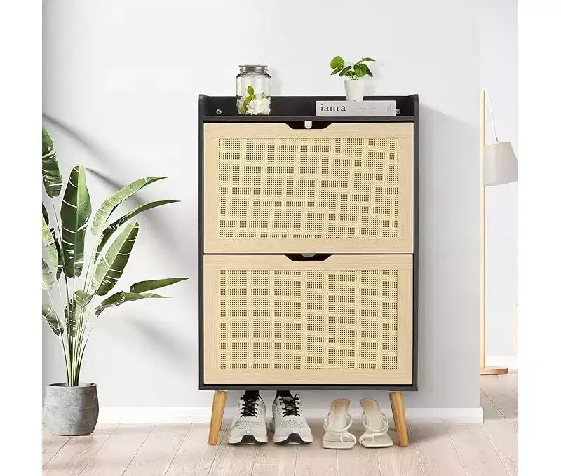 Meuble à chaussures - Rangement de chaussures caché avec 2 tiroirs à rabat en rotin et design anti-basculement, Meuble à chaussures
