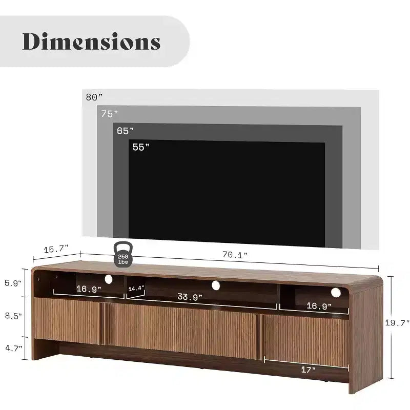 Meuble TV moderne de 178 cm avec design cannelé et armoires de rangement, pour téléviseurs jusqu'à 80 pouces, meuble de télévision en bois pour salon