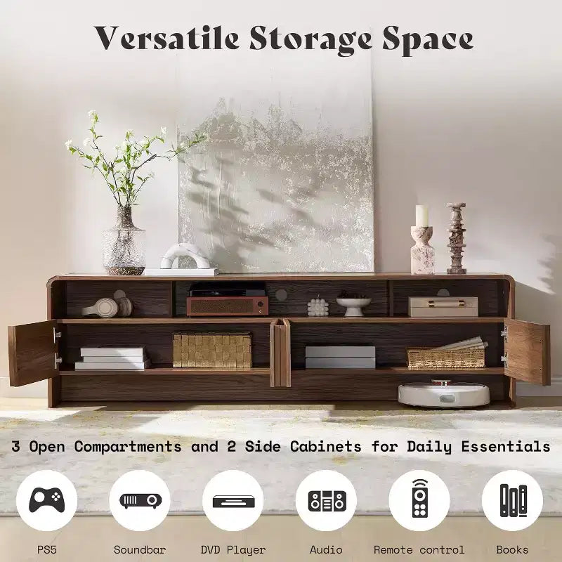 Meuble TV moderne de 178 cm avec design cannelé et armoires de rangement, pour téléviseurs jusqu'à 80 pouces, meuble de télévision en bois pour salon