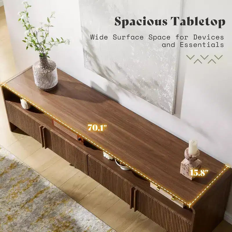 Meuble TV moderne de 178 cm avec design cannelé et armoires de rangement, pour téléviseurs jusqu'à 80 pouces, meuble de télévision en bois pour salon