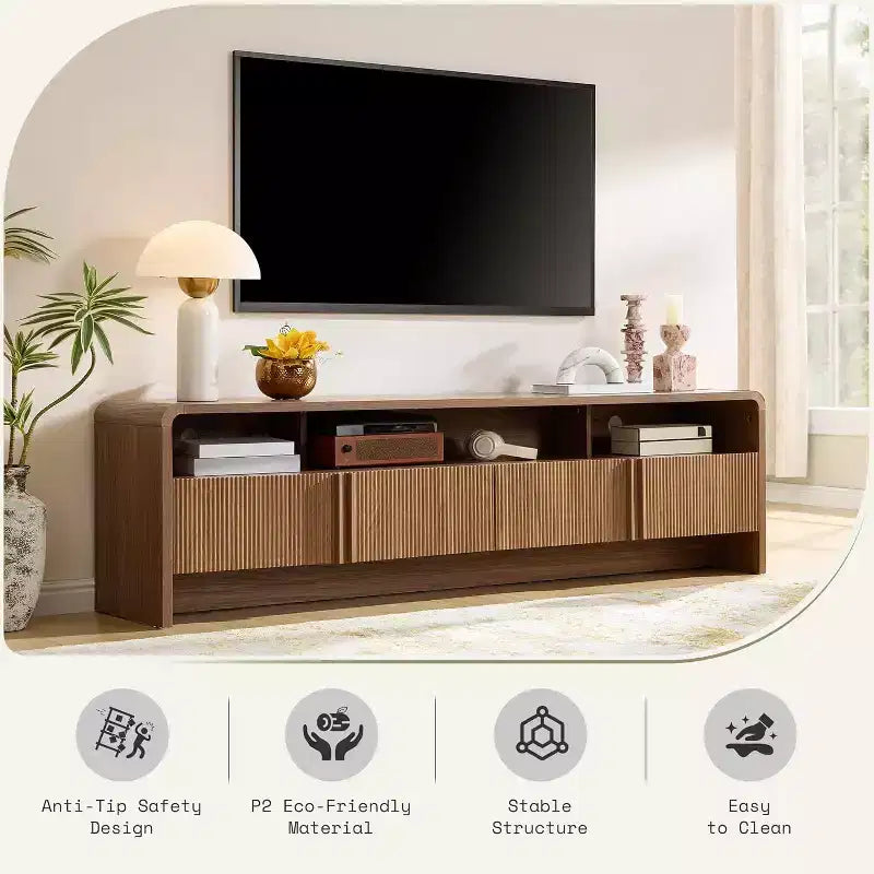 Meuble TV moderne de 178 cm avec design cannelé et armoires de rangement, pour téléviseurs jusqu'à 80 pouces, meuble de télévision en bois pour salon