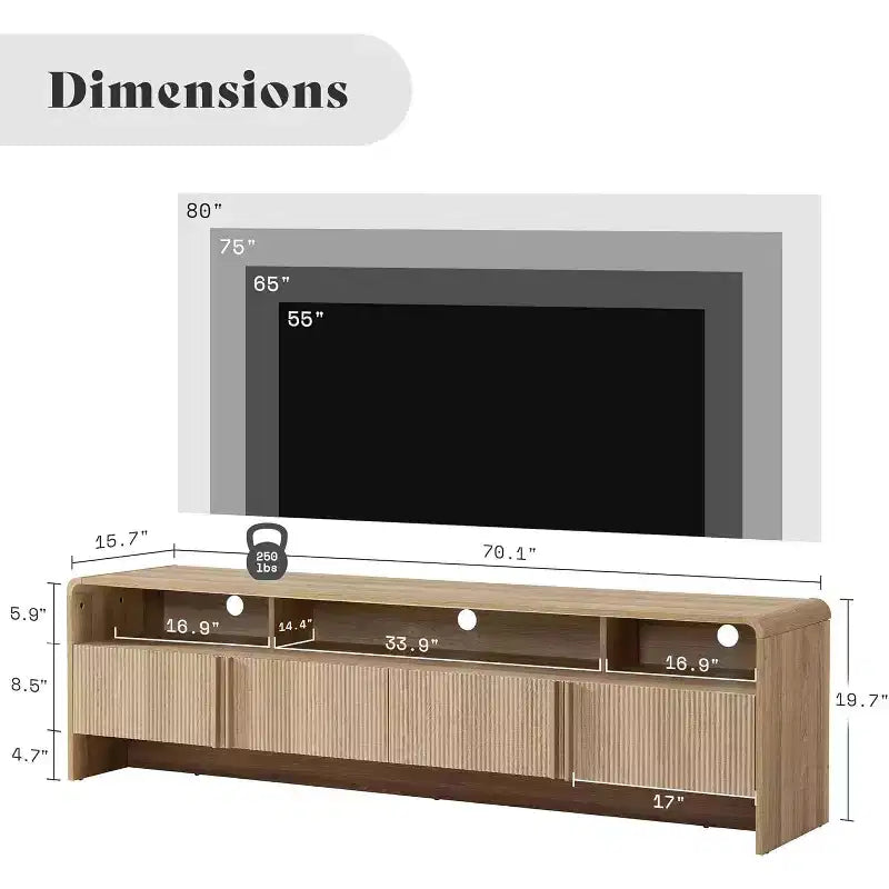 Meuble TV moderne de 178 cm avec design cannelé et armoires de rangement, pour téléviseurs jusqu'à 80 pouces, meuble de télévision en bois pour salon